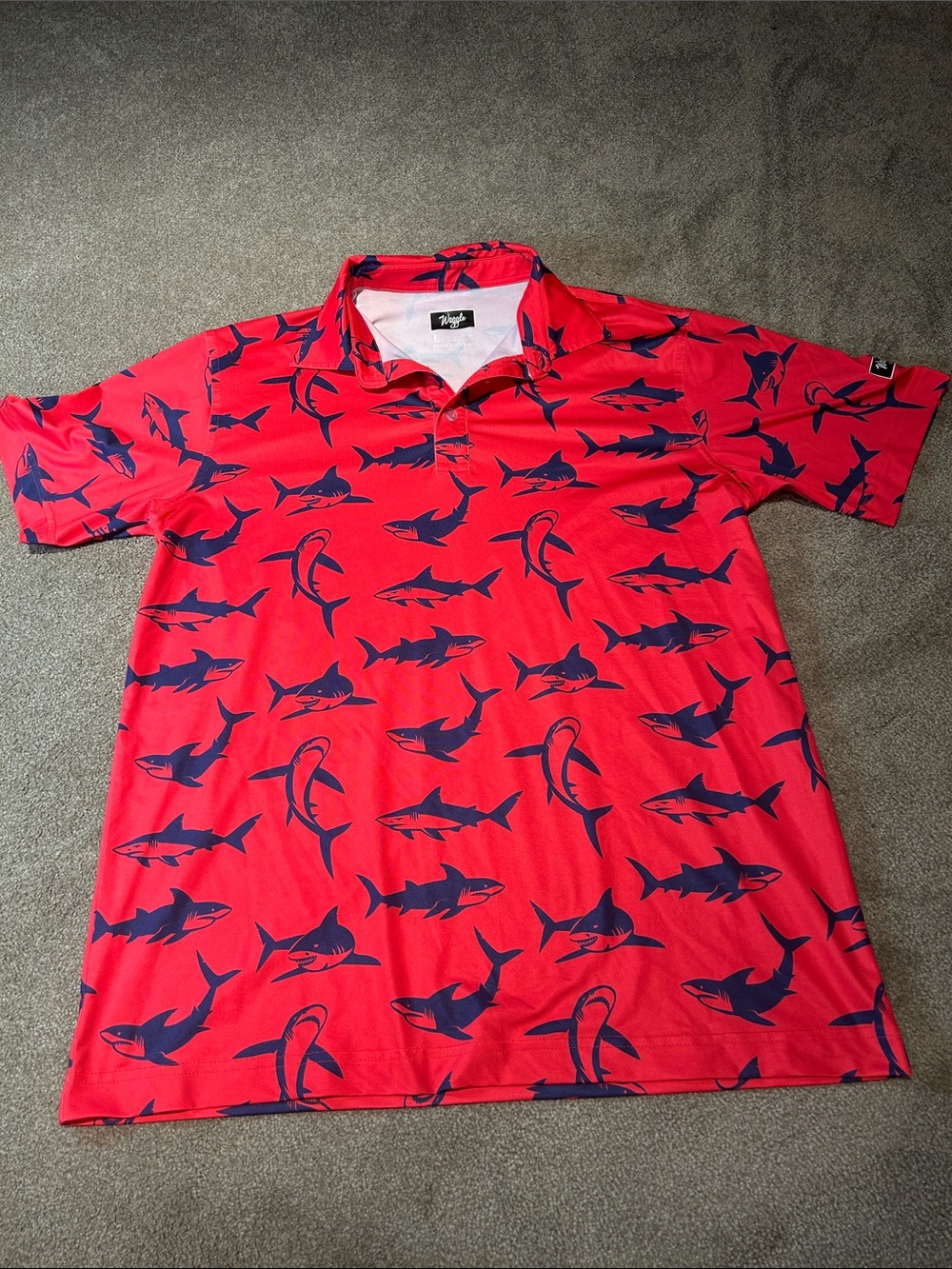 Men's Red Shark-Print Polo Swim Shirt